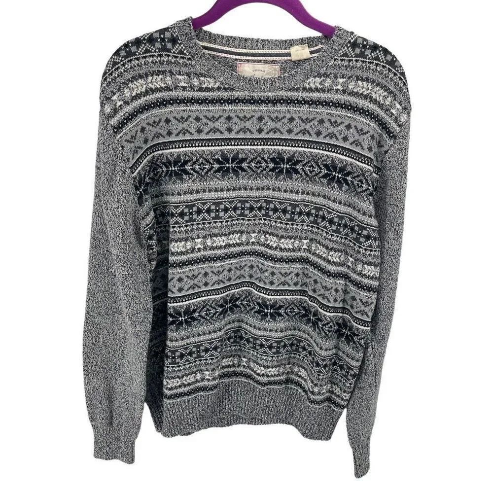 Weatherproof Vintage Womens Pullover Sweater fair isle Print Cotton Gray Size Me